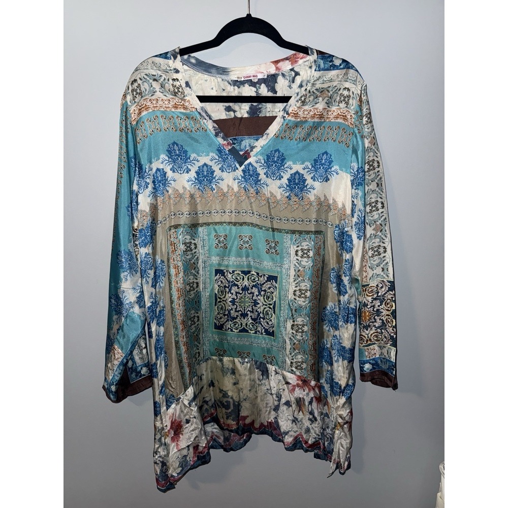 Johnny Was Large Tropical Blue 100% Silk Blouse Top Tunic Lightweight Cool